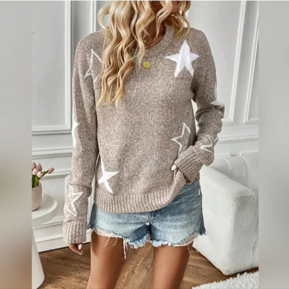 New Chic Star Pattern Knit Pullover Sweater Top Khaki Tan White - Picture 2 of 8